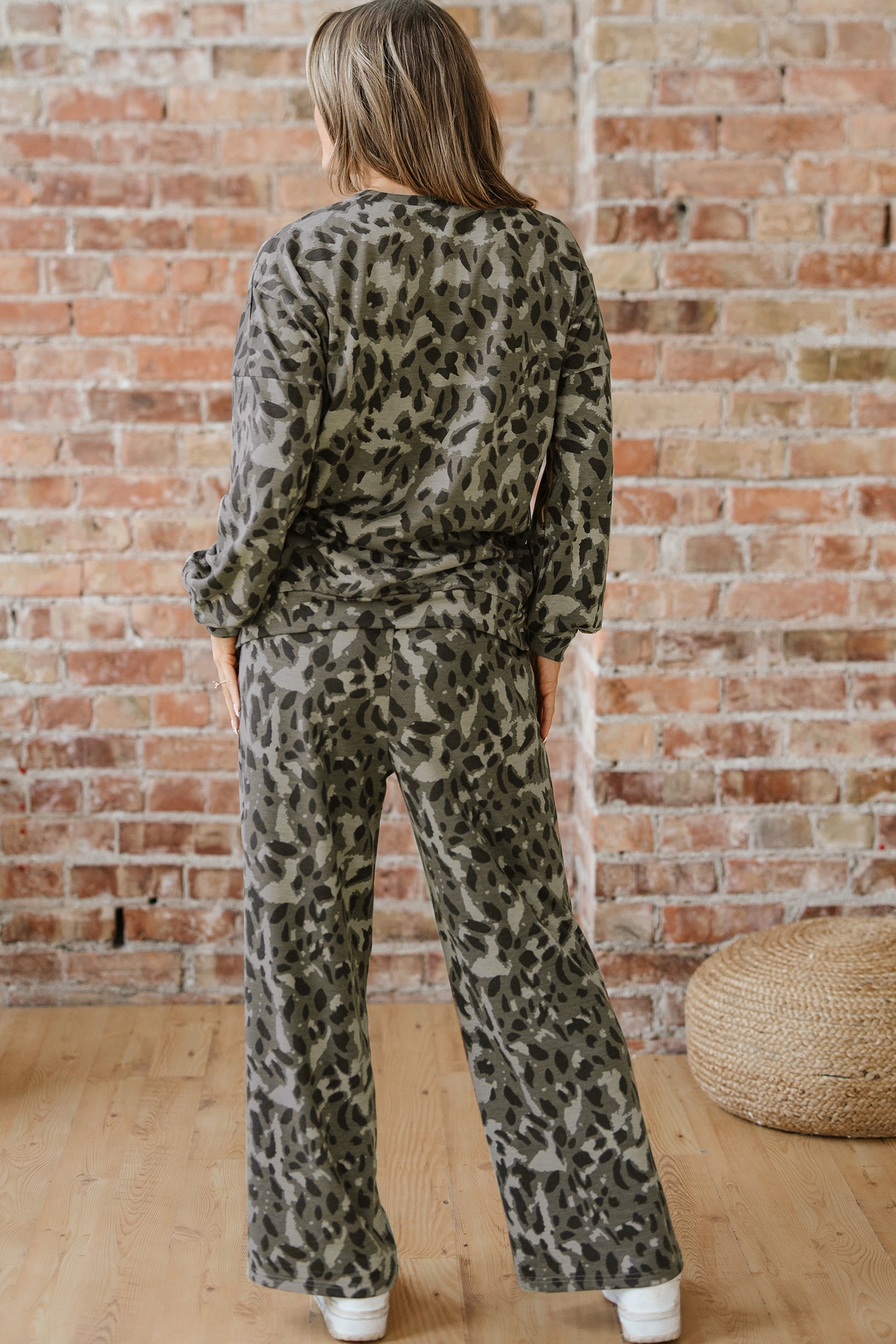 Brown Leopard Print Raw Seam Patchwork Pullover Drawstring Loose Pant Set