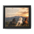 Framed Matte Canvas Wall Art — Running Horses Sunset Landscape with Inspirational Text
