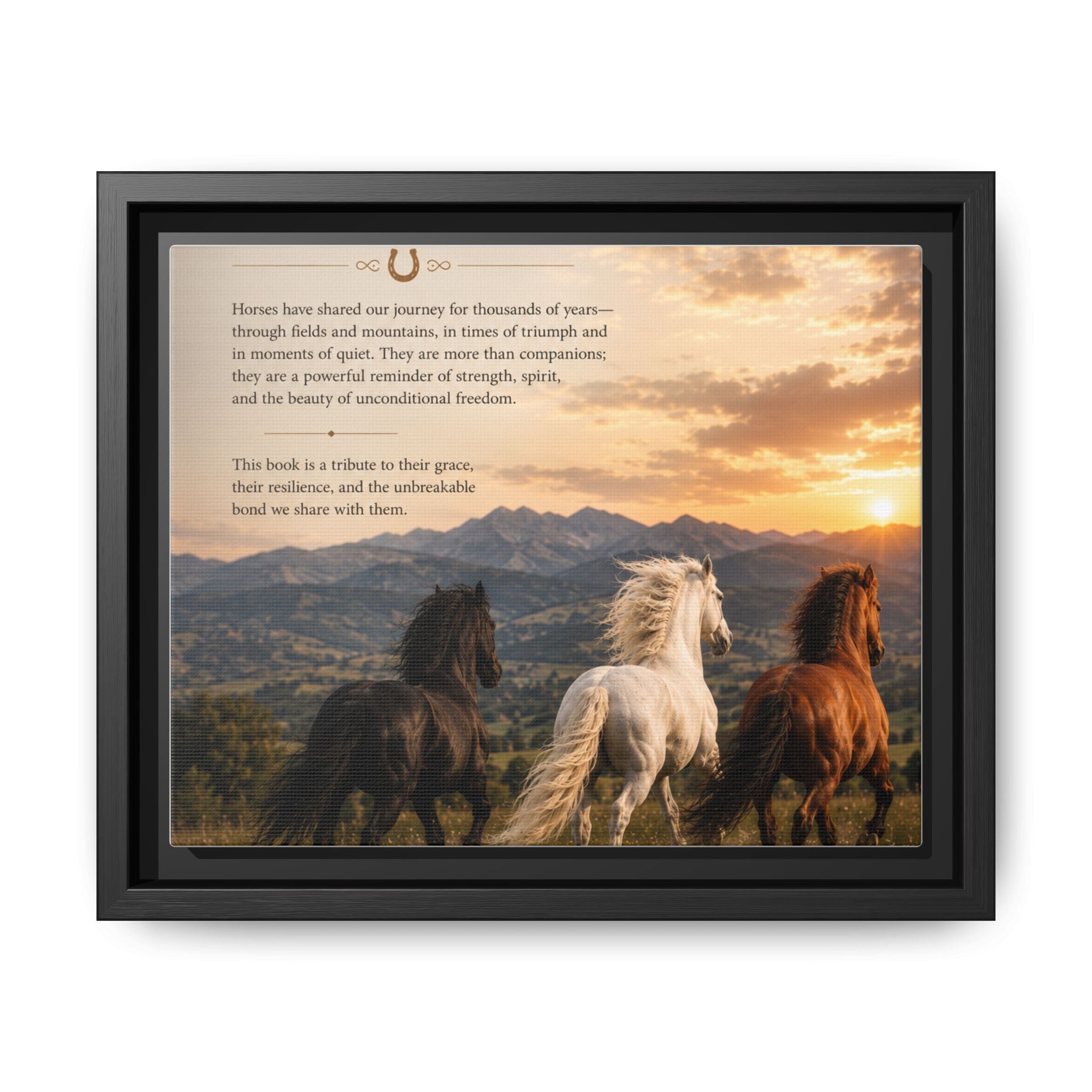 Framed Matte Canvas Wall Art — Running Horses Sunset Landscape with Inspirational Text