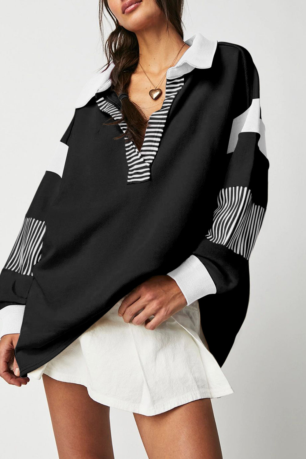 Light French Beige Striped Colorblock Patchwork Collar Sweatshirt