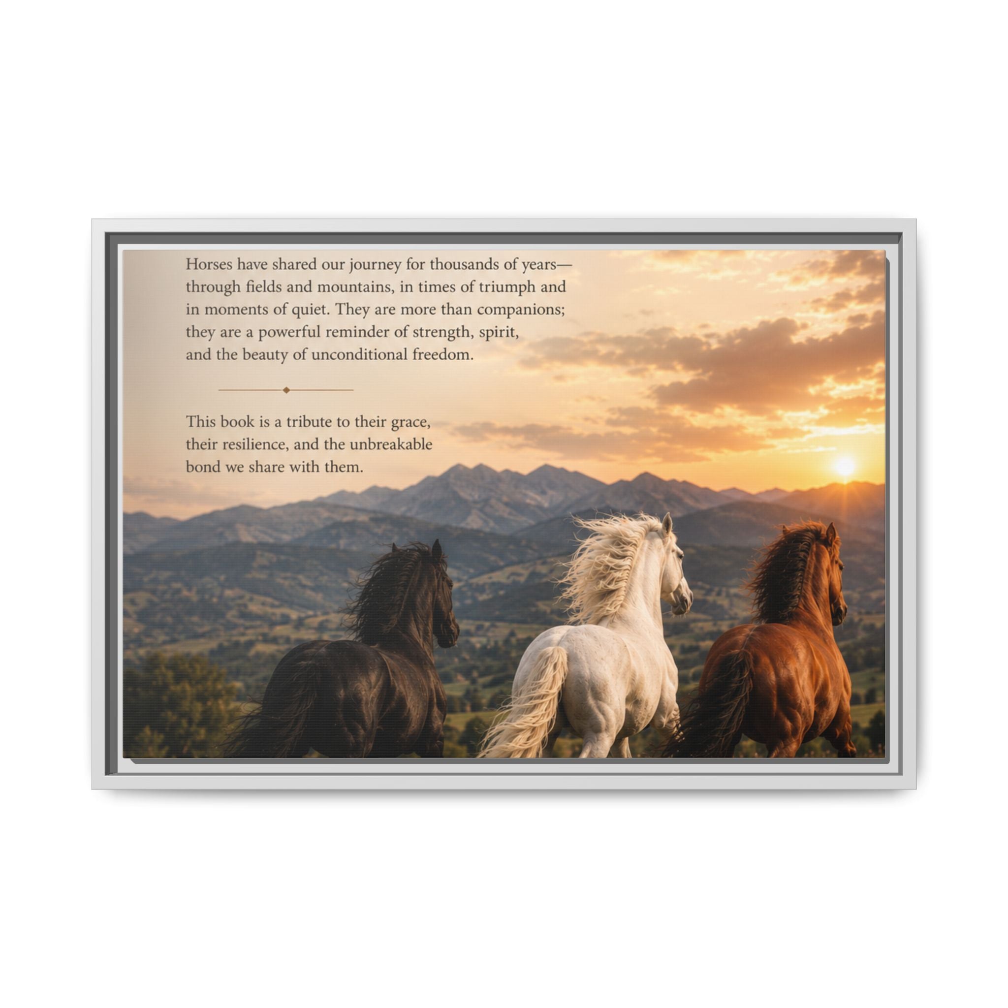 Framed Matte Canvas Wall Art — Running Horses Sunset Landscape with Inspirational Text