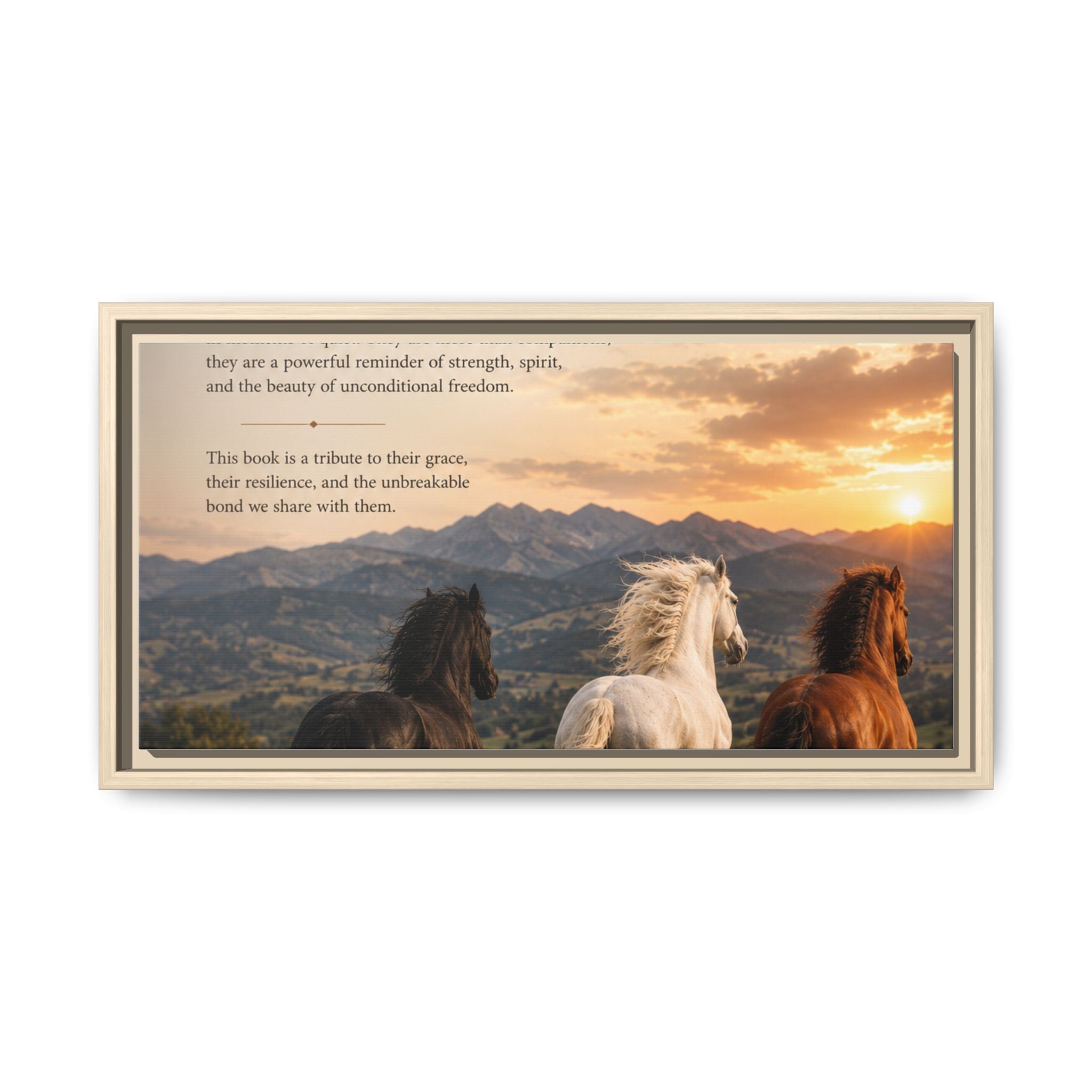 Framed Matte Canvas Wall Art — Running Horses Sunset Landscape with Inspirational Text