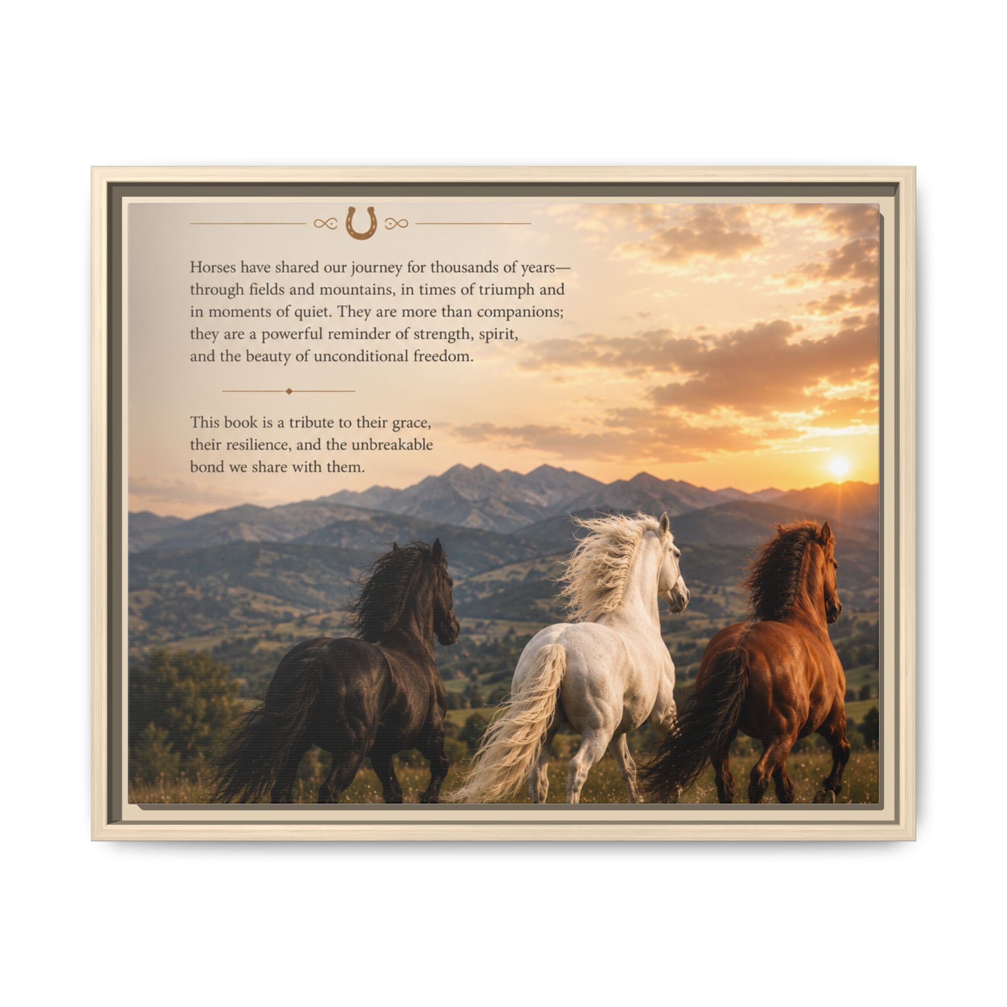 Framed Matte Canvas Wall Art — Running Horses Sunset Landscape with Inspirational Text