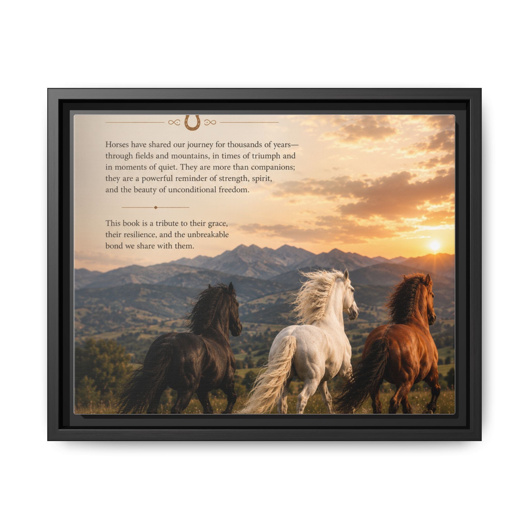 Framed Matte Canvas Wall Art — Running Horses Sunset Landscape with Inspirational Text