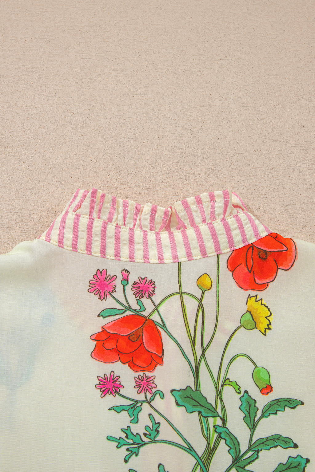 Sky Blue Floral Striped Patchwork Ruffled Collar Short Sleeve Shirt