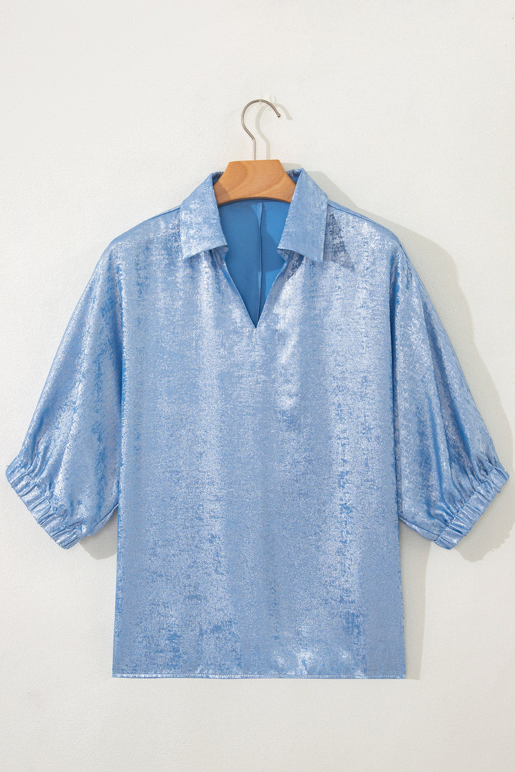 Casual Collared V Neck Half Sleeve Metallic Top