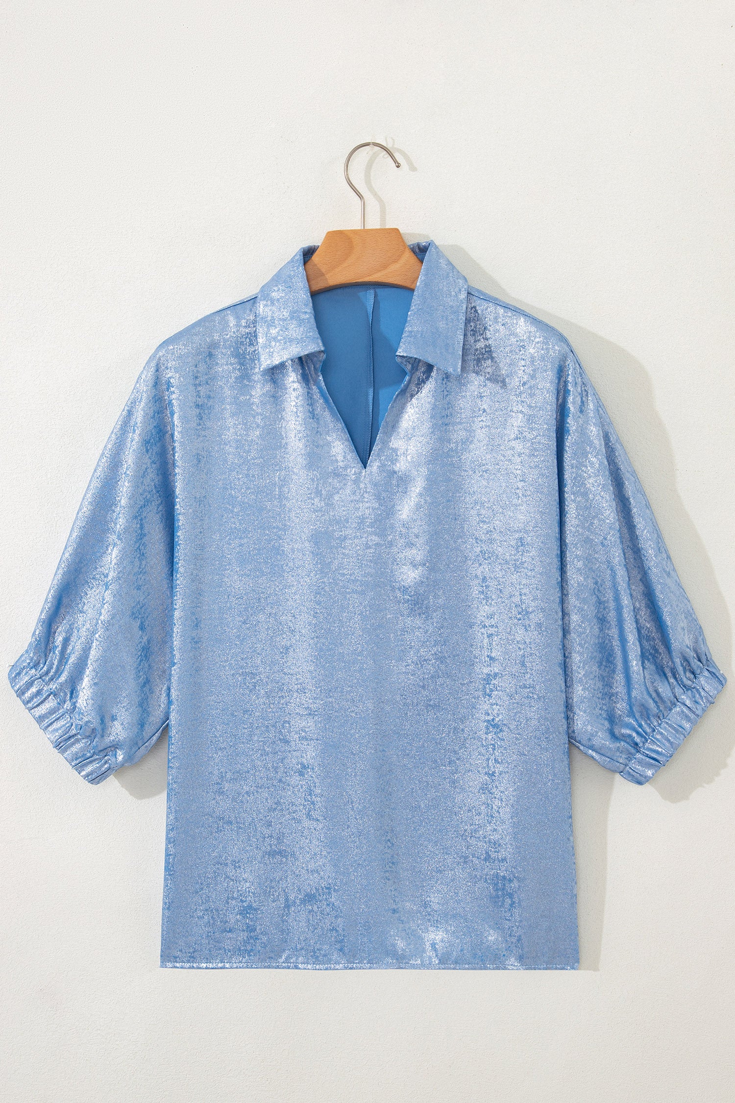 Casual Collared V Neck Half Sleeve Metallic Top