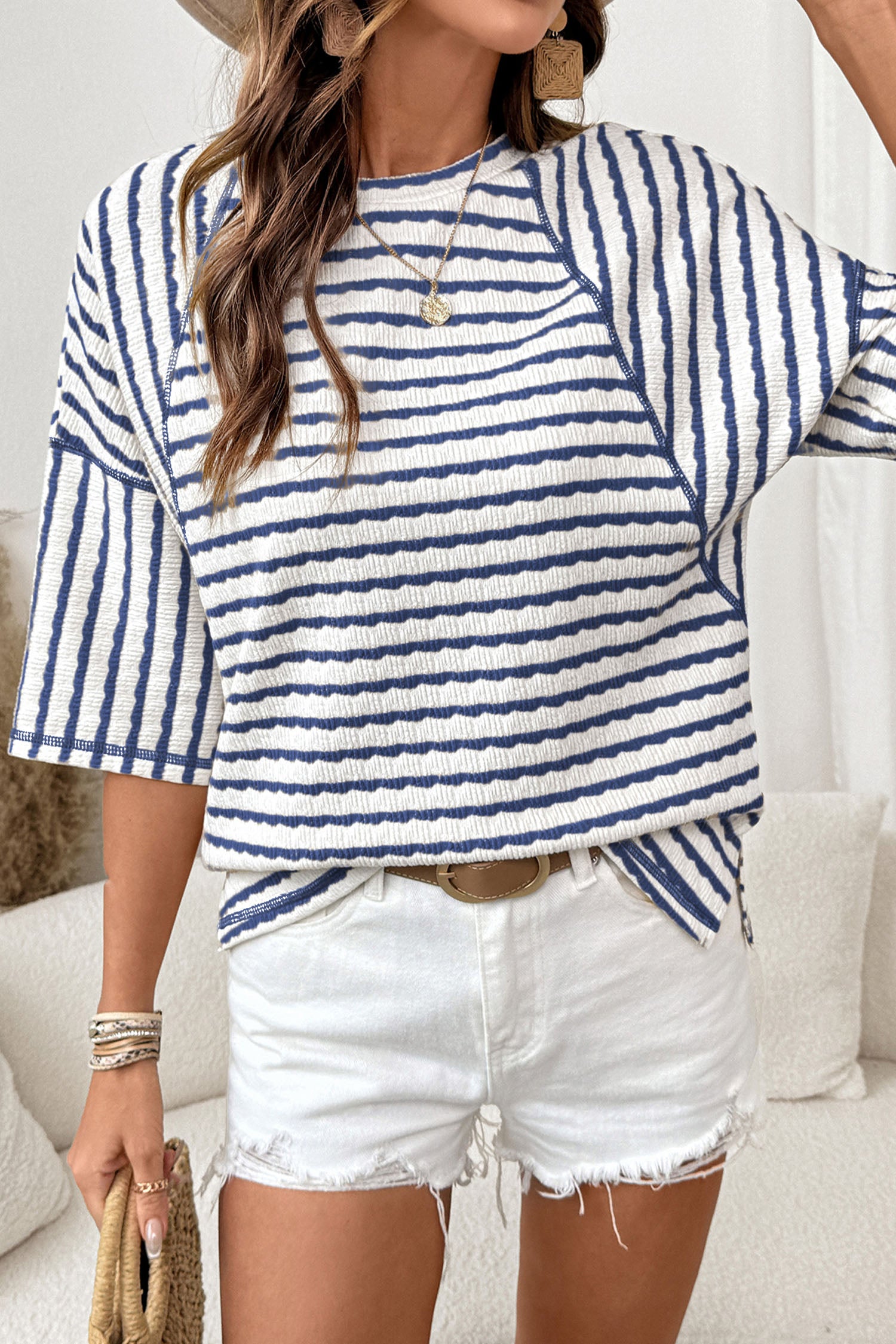 Apricot Stripe Textured Knit Split Hem Half Sleeve Loose Top