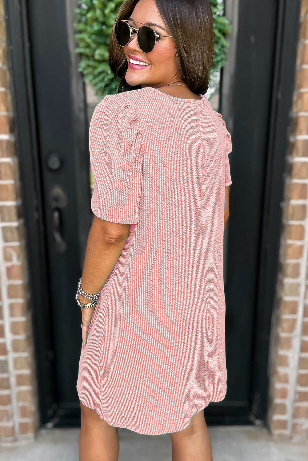 Bright Pink Corded Knit Crew Neck Puff Sleeve Shift Mini Dress