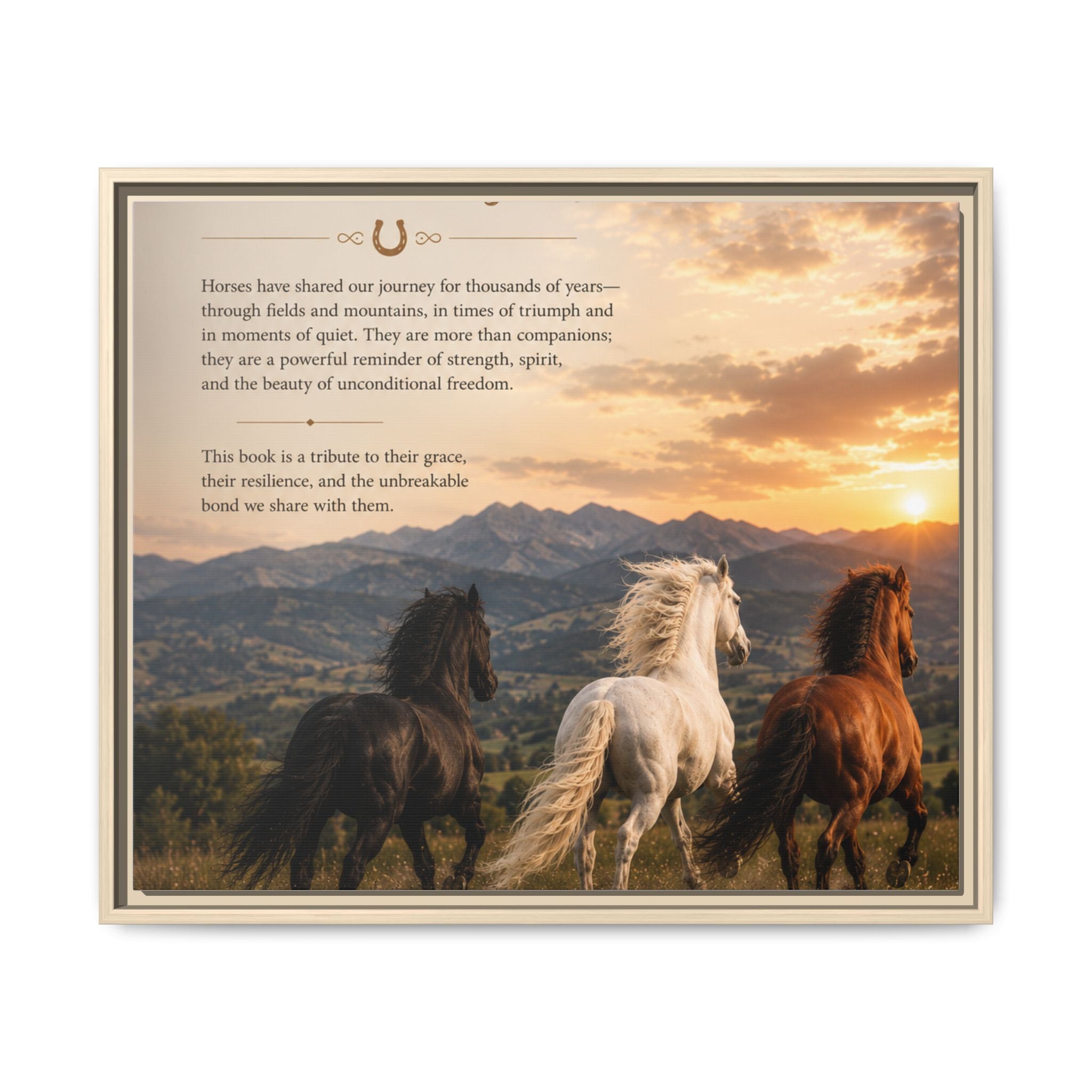 Framed Matte Canvas Wall Art — Running Horses Sunset Landscape with Inspirational Text