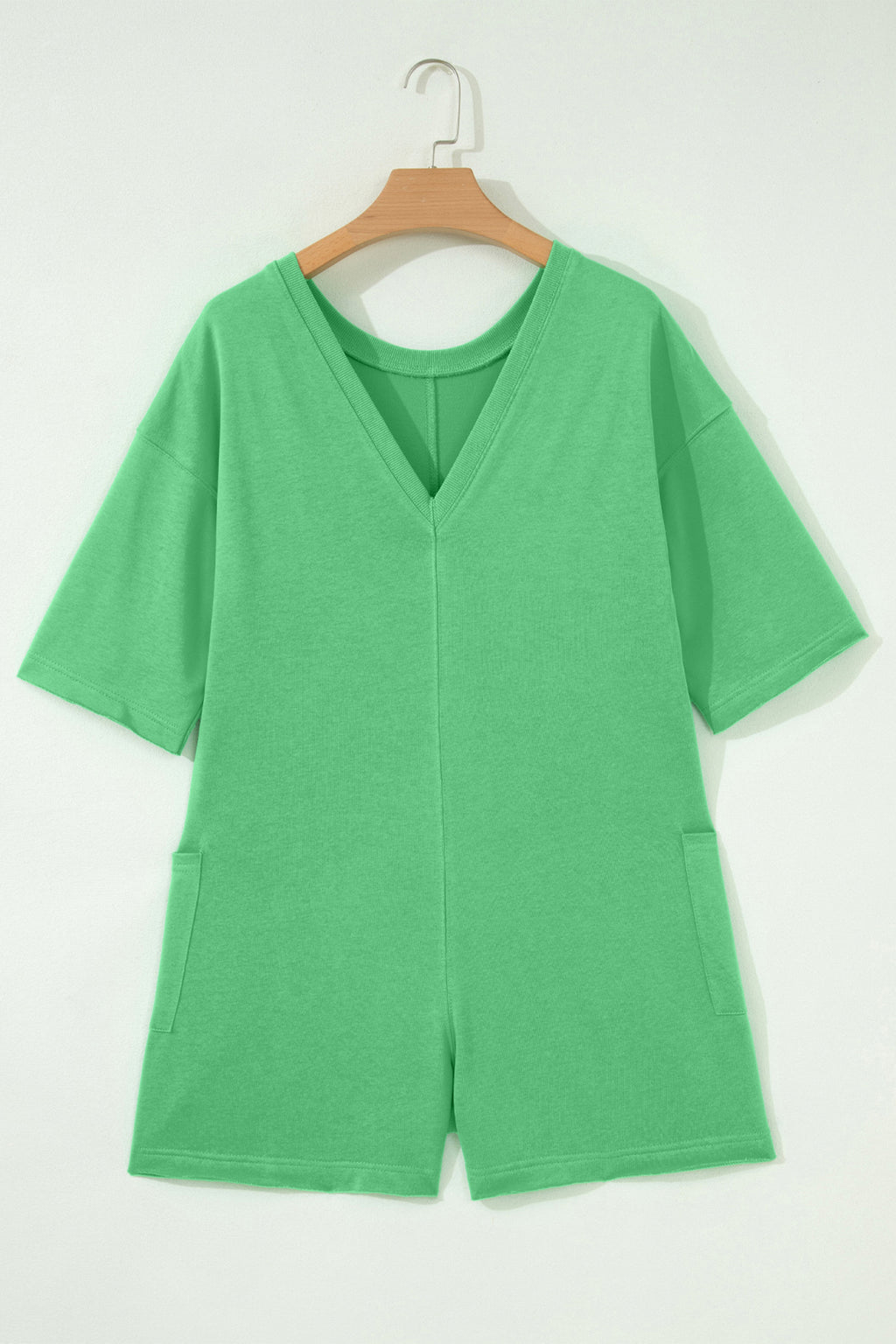 Pink Solid Color Raw Edge Half Sleeve Pocketed Loose Romper