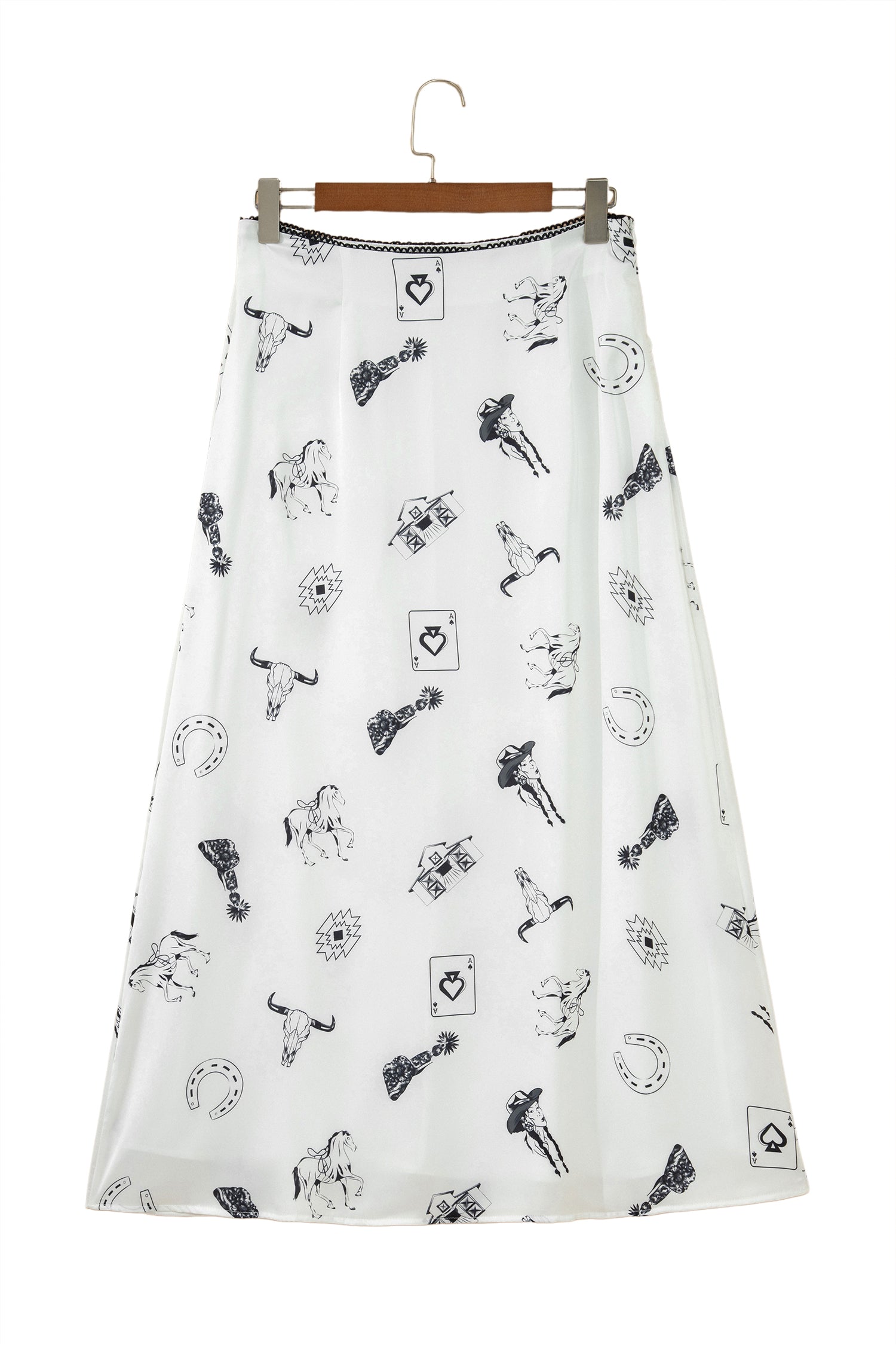 Beige Western Print Satin Long Skirt
