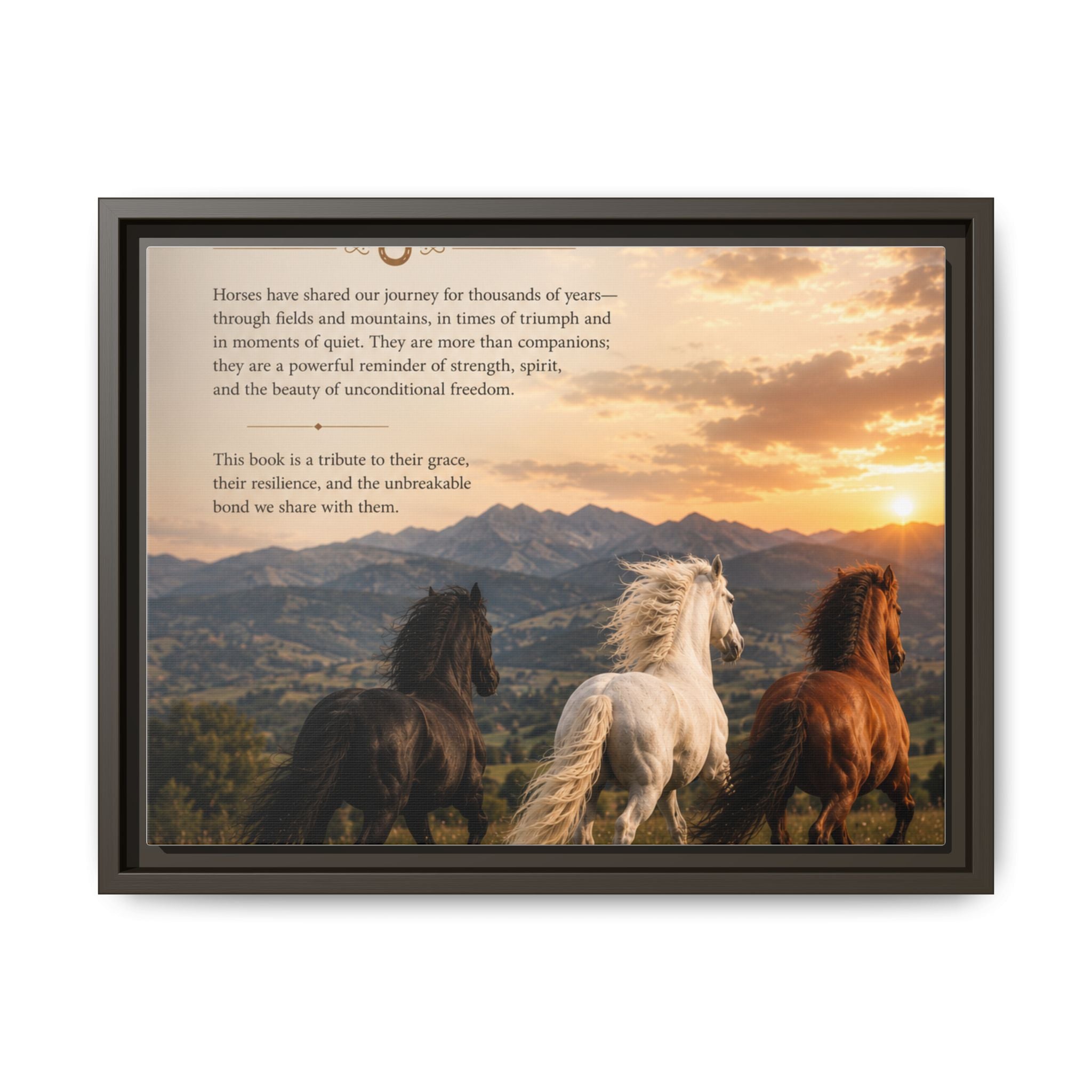 Framed Matte Canvas Wall Art — Running Horses Sunset Landscape with Inspirational Text
