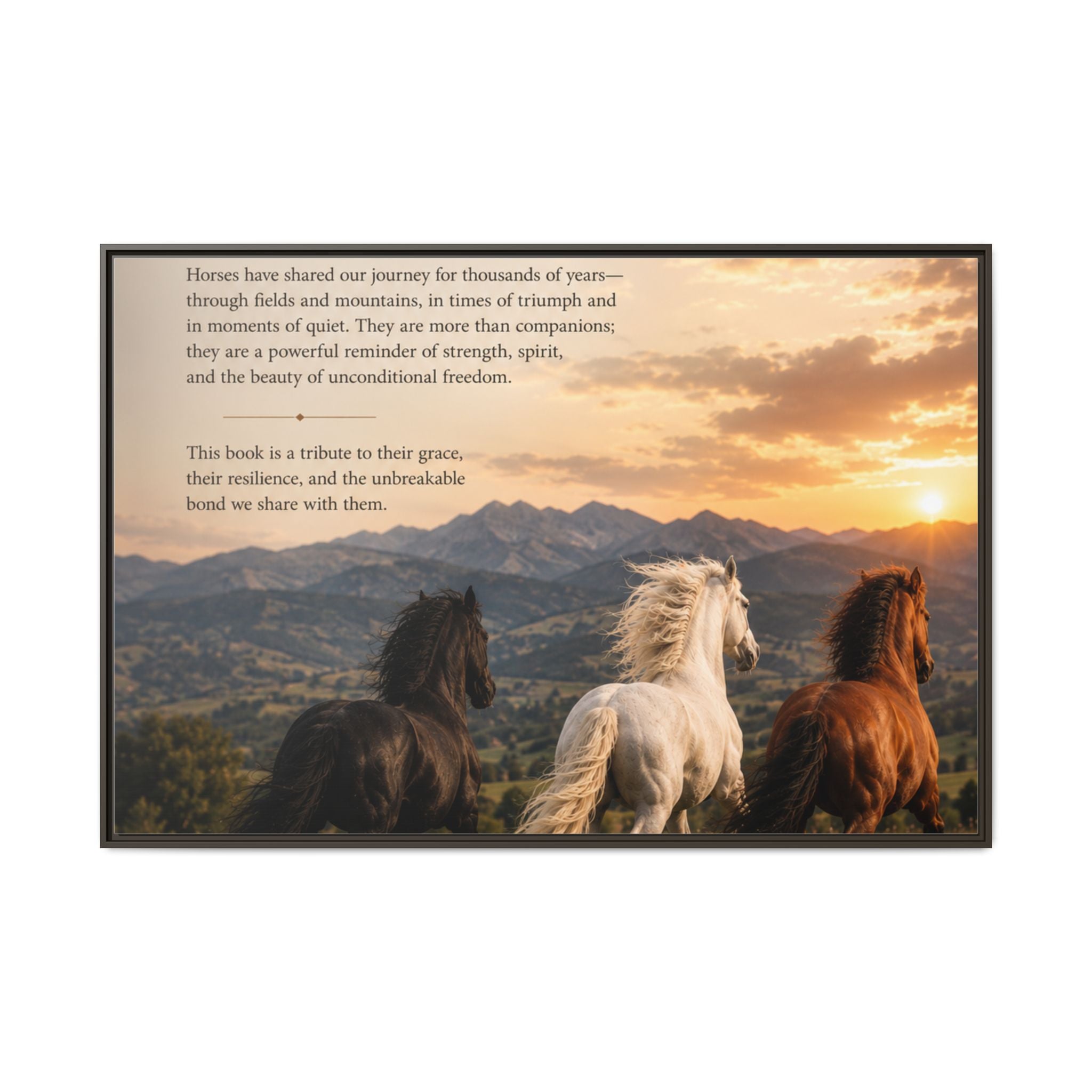 Framed Matte Canvas Wall Art — Running Horses Sunset Landscape with Inspirational Text