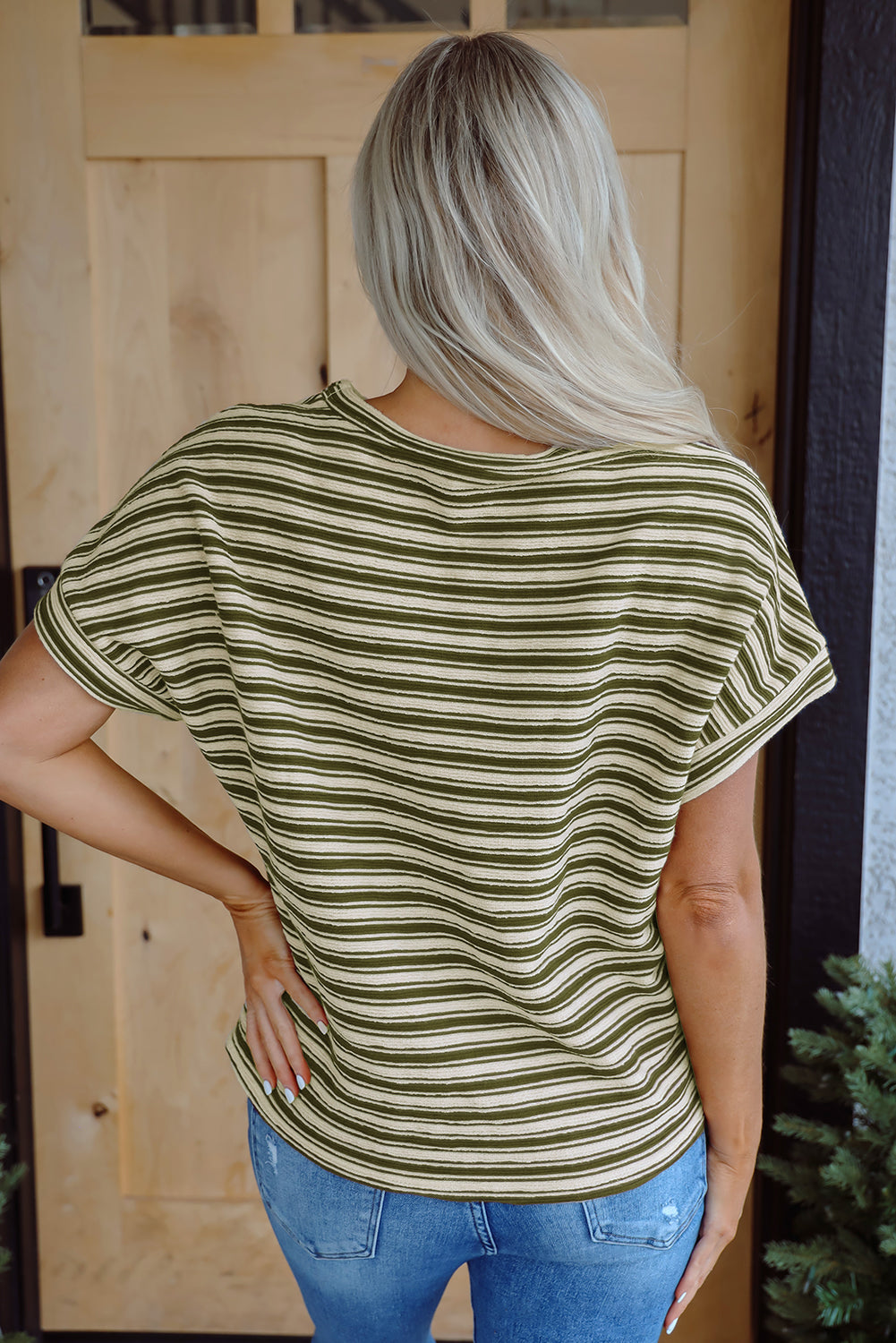 Brown Stripe Textured Side Slits Crew Neck T Shirt