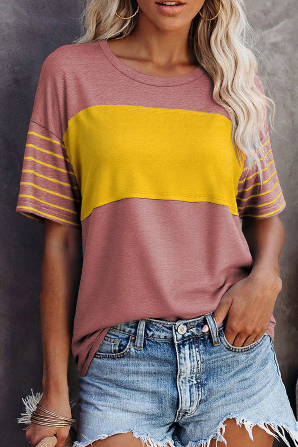Mint Green Color Block Striped Detail Loose T Shirt