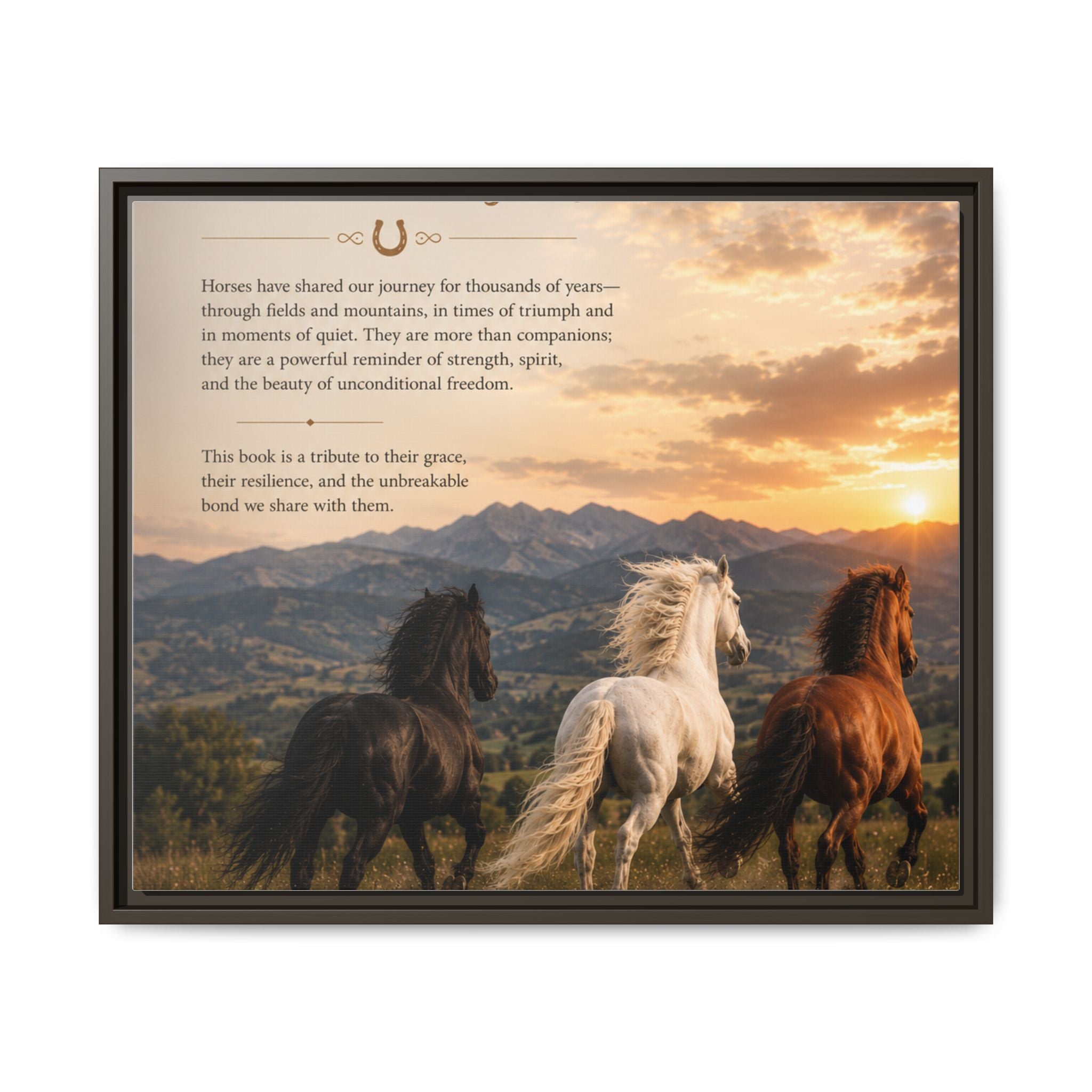 Framed Matte Canvas Wall Art — Running Horses Sunset Landscape with Inspirational Text