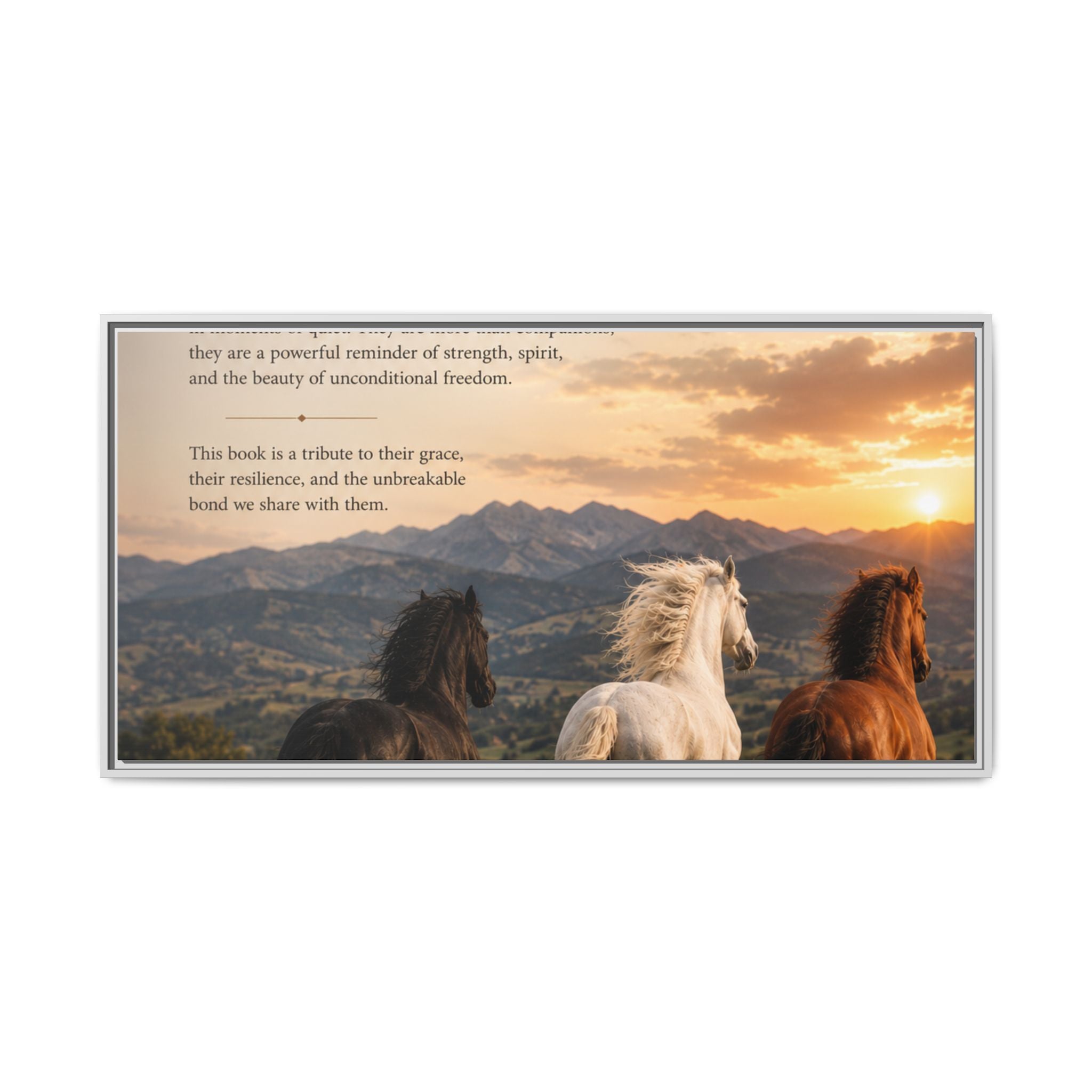 Framed Matte Canvas Wall Art — Running Horses Sunset Landscape with Inspirational Text