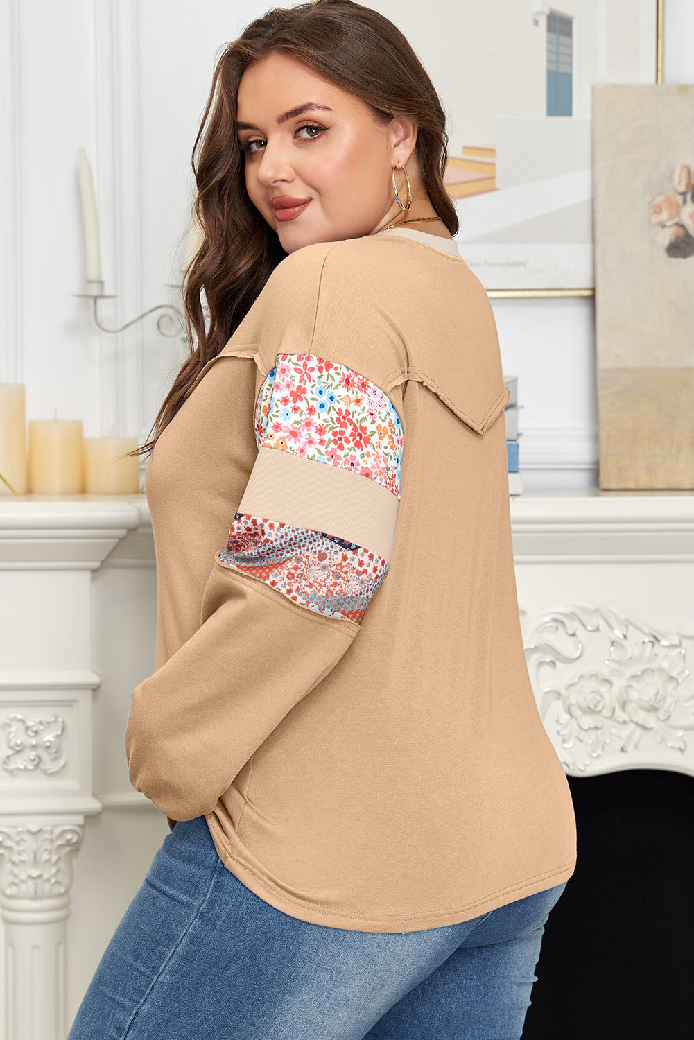 Blue Exposed Seam Floral Mixed Patchwork Relaxed Plus Size Sweatshirt