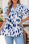 Beige Abstract Animal Print Striped Ruffle Trim V Neck Blouse