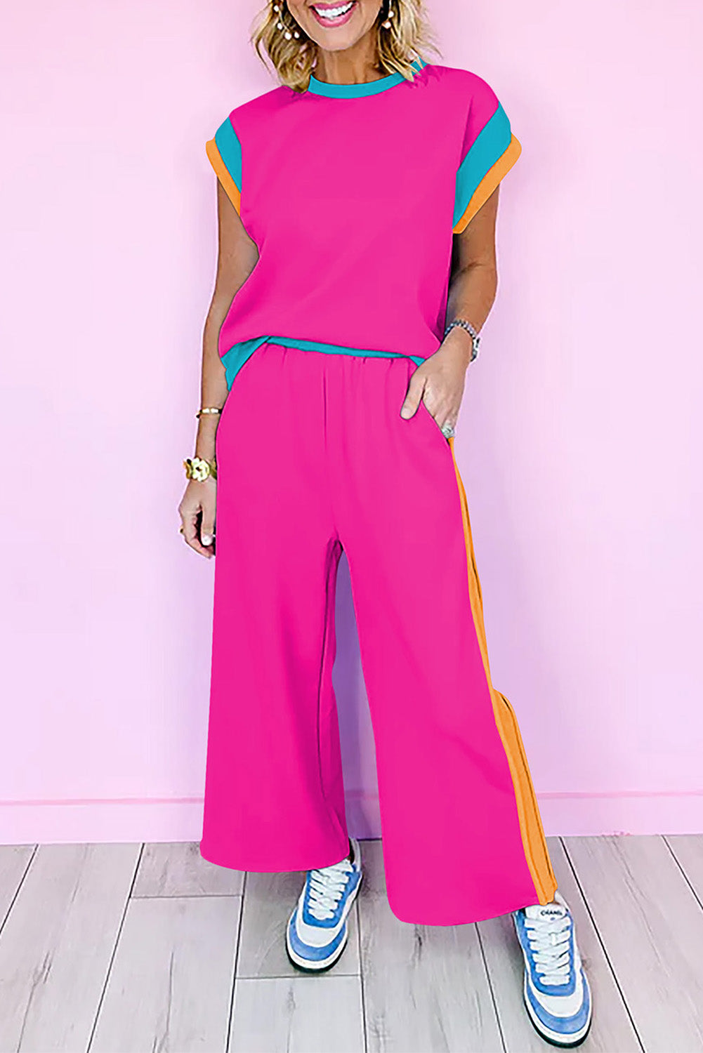 Smoke Gray Color Block Detail Casual Two-piece Set
