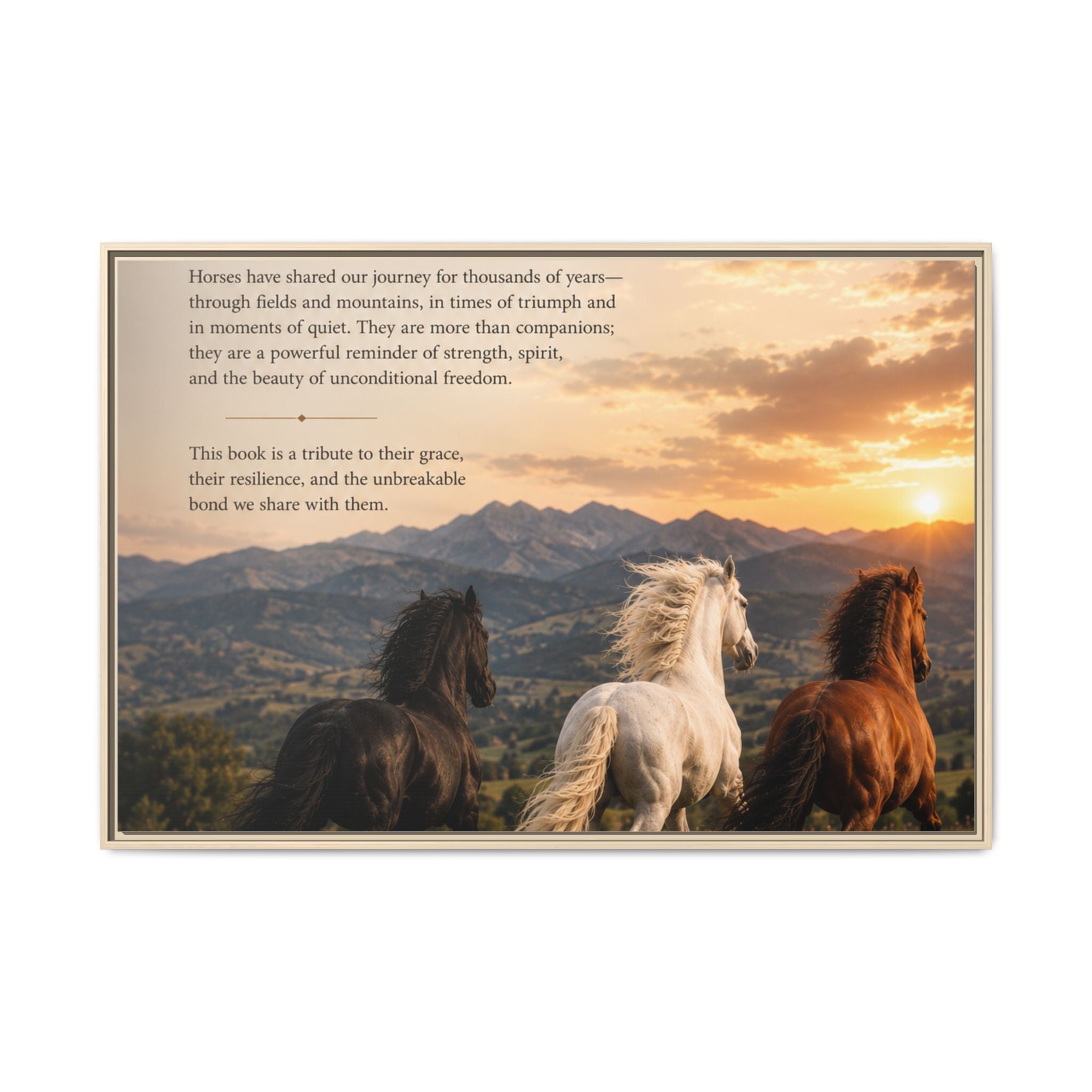 Framed Matte Canvas Wall Art — Running Horses Sunset Landscape with Inspirational Text