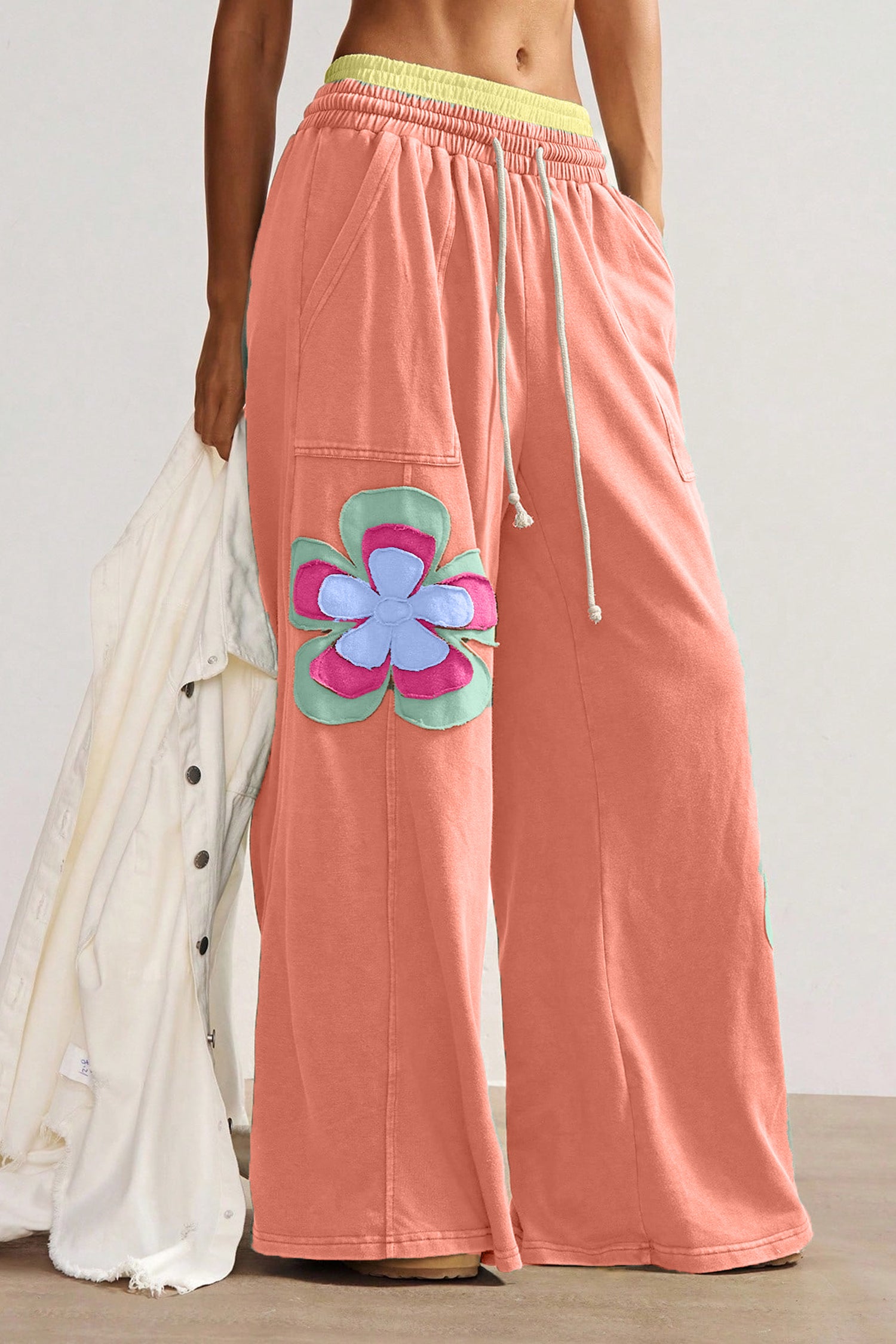 Sea Green Color Block Flower Patchwork Drawstring Contrasted Elastic Waist Wide Leg Pants