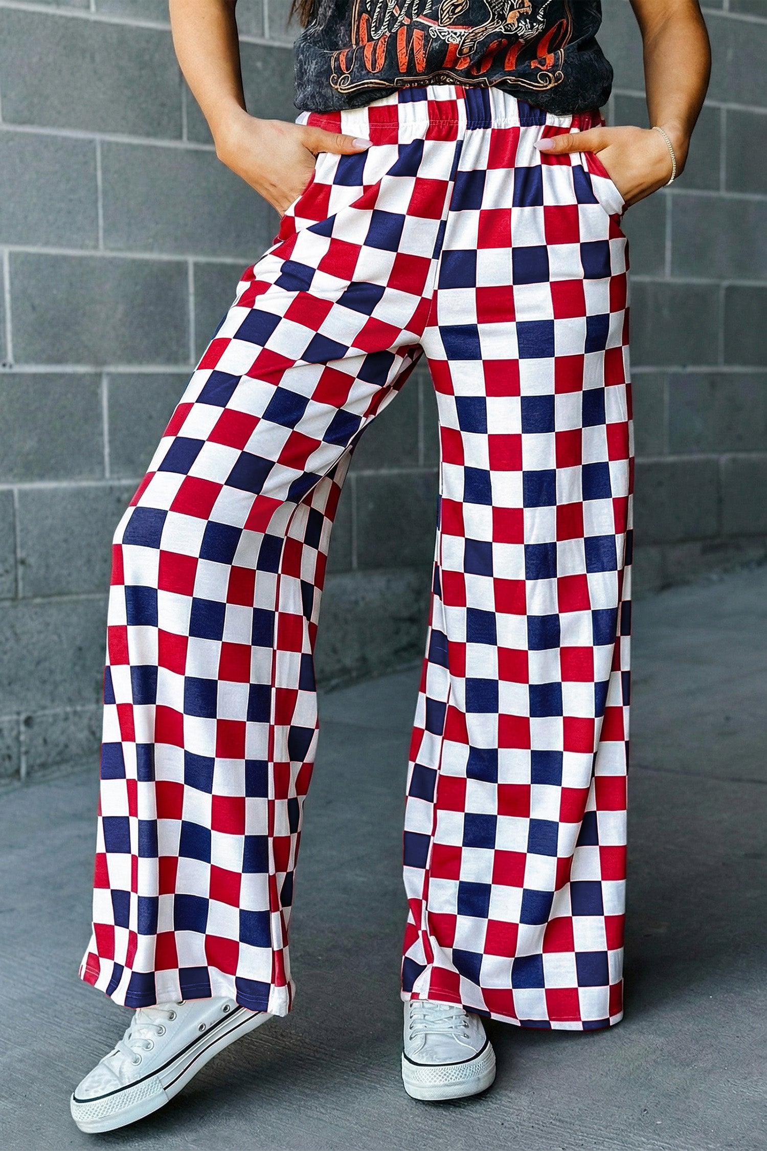 Black 2-Tone Checked Print High Waist Wide Leg Pants