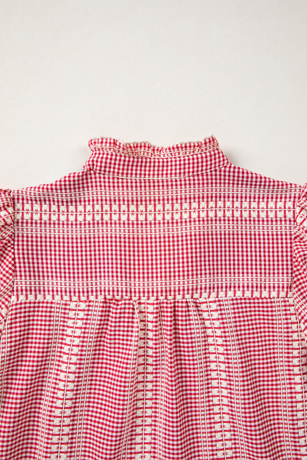 Red Western Pony Embroidered Yoke Puff Sleeve Gingham Blouse