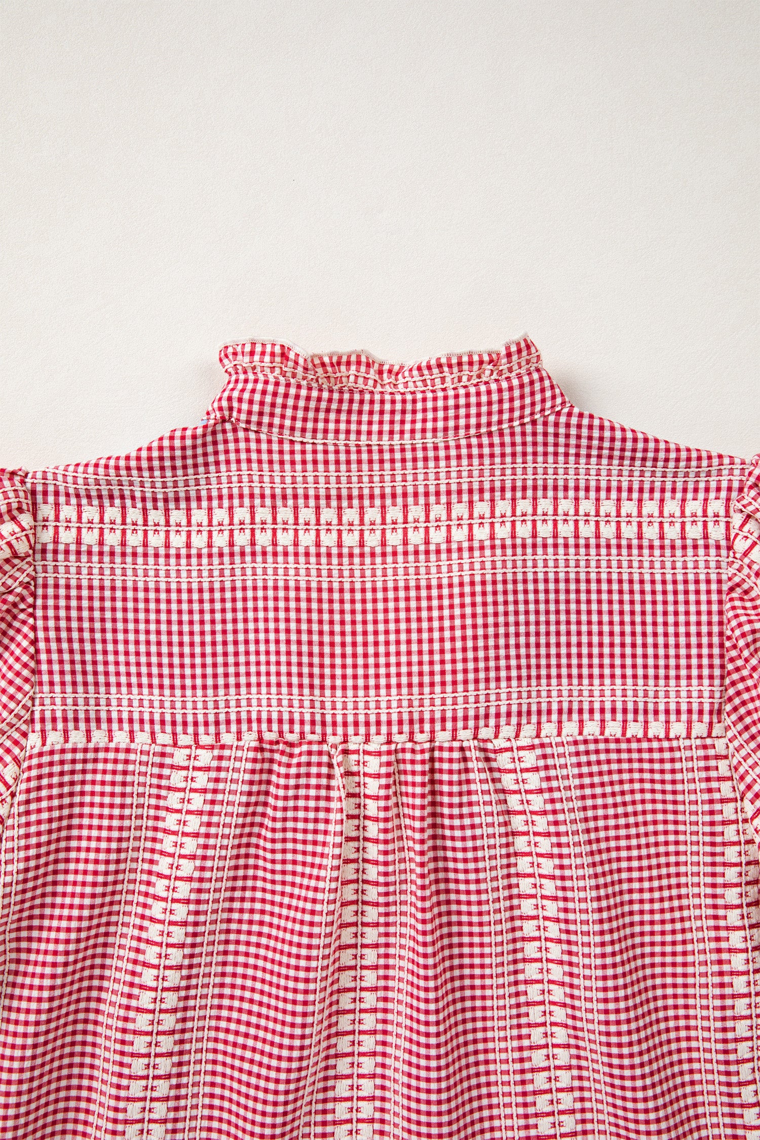 Red Western Pony Embroidered Yoke Puff Sleeve Gingham Blouse
