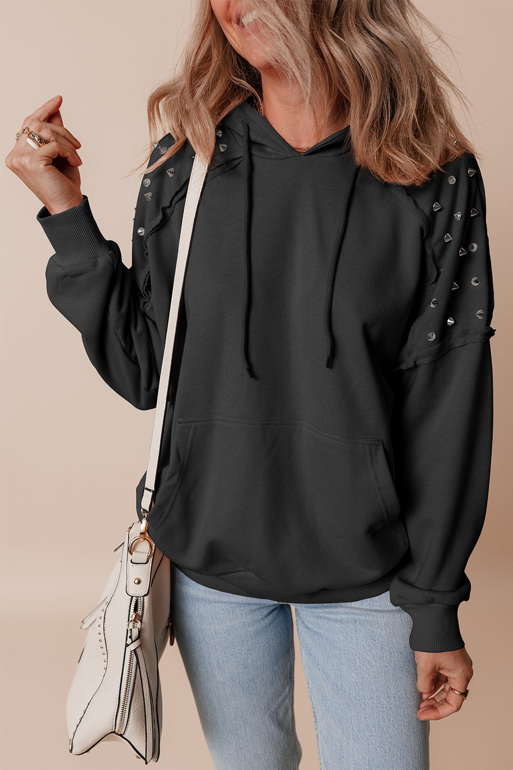 Fushia Solid Color Rivet Stud Raglan Sleeve Hoodie with Pocket