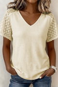 Beige Lace Splicing Button Cutout V Neck Waffle Knit Blouse