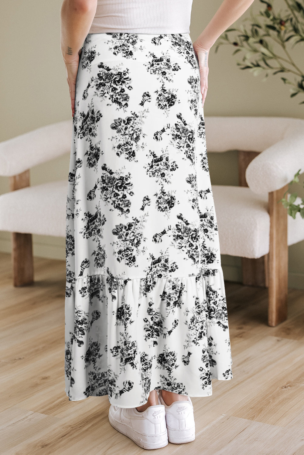 Black Boho Floral High Waist Ruffle Split Maxi Skirt