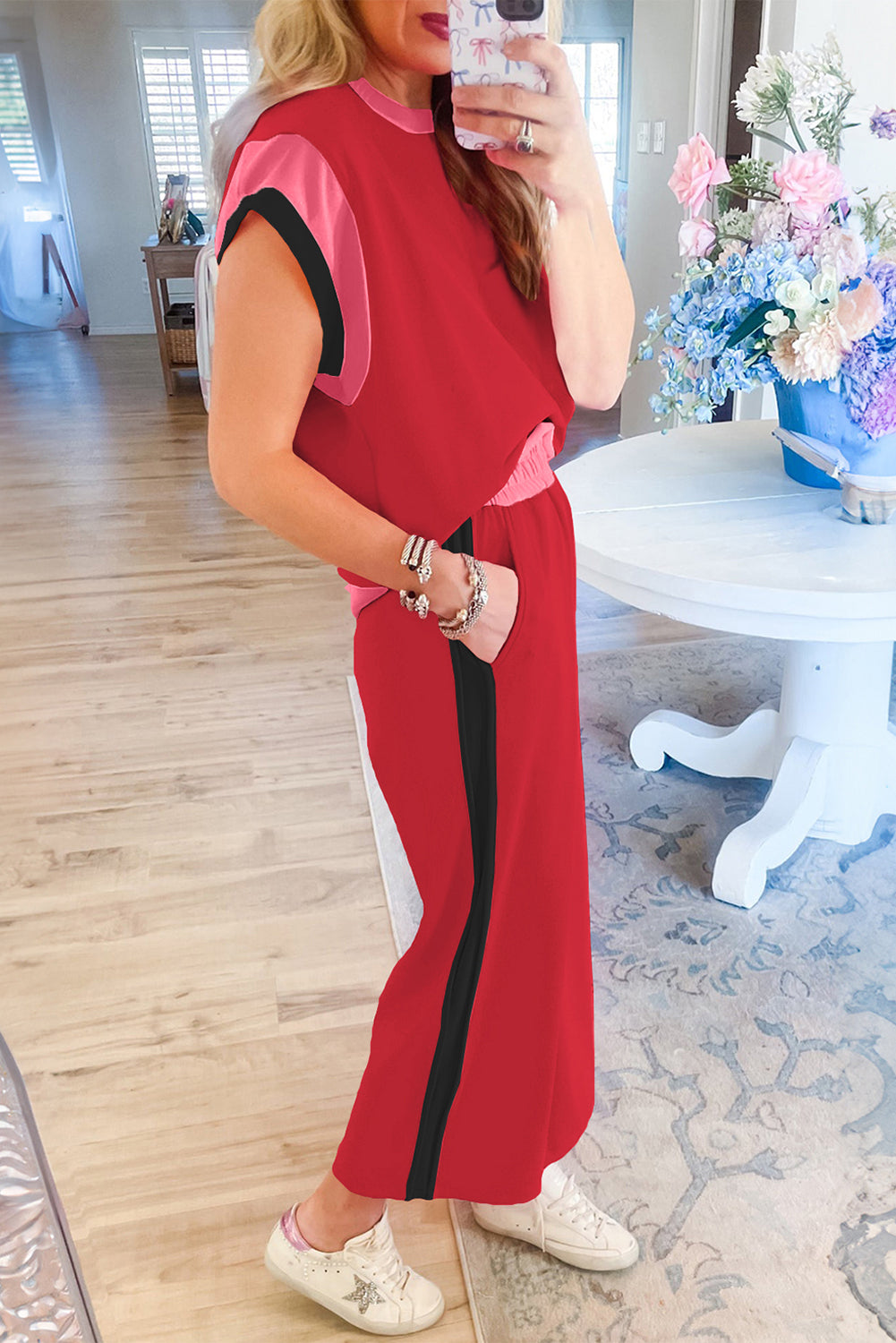 Smoke Gray Color Block Detail Casual Two-piece Set