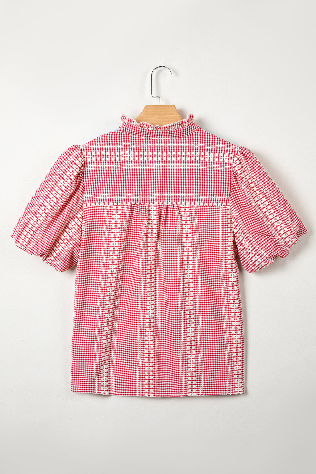 Red Western Pony Embroidered Yoke Puff Sleeve Gingham Blouse