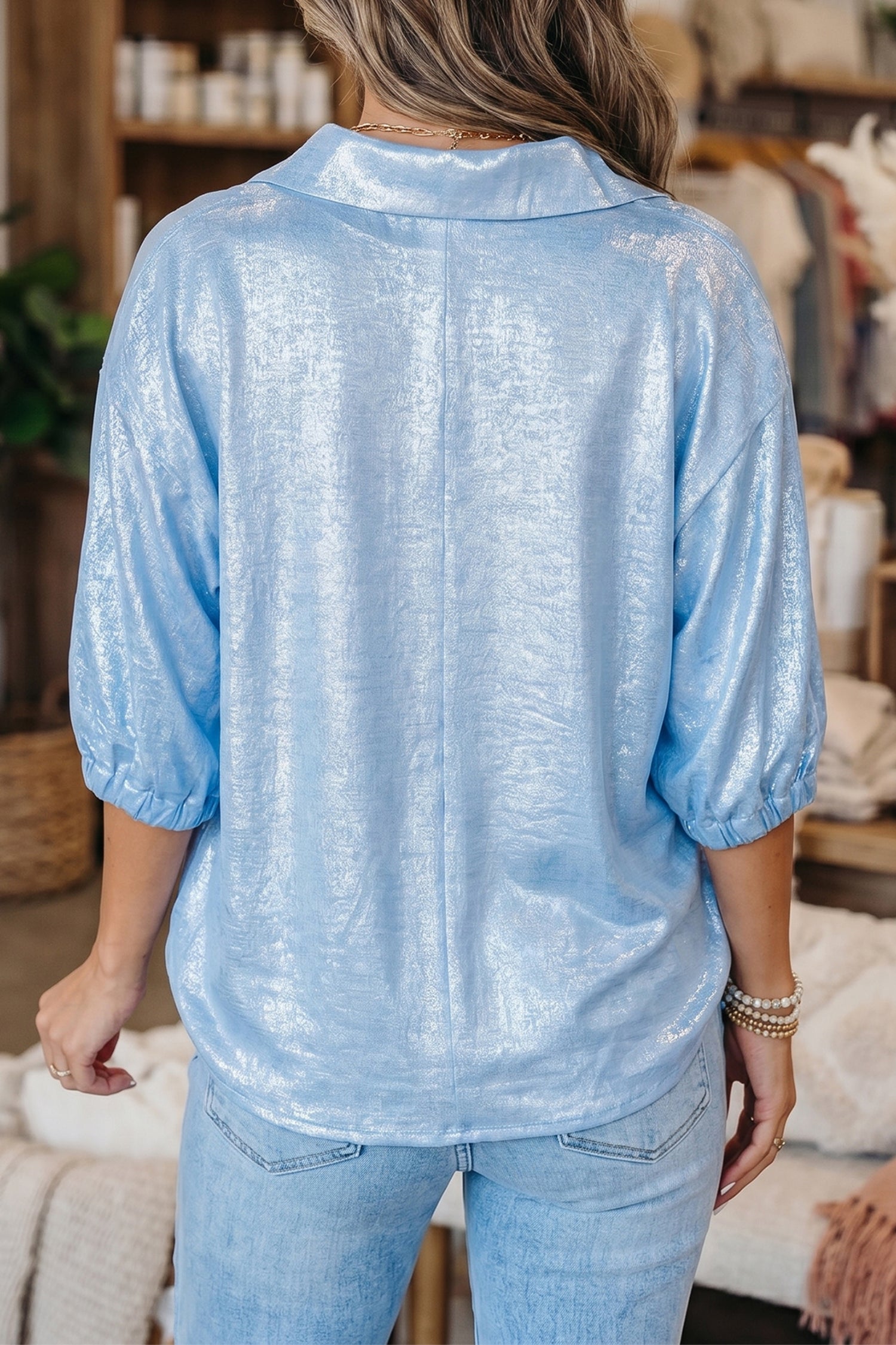 Casual Collared V Neck Half Sleeve Metallic Top