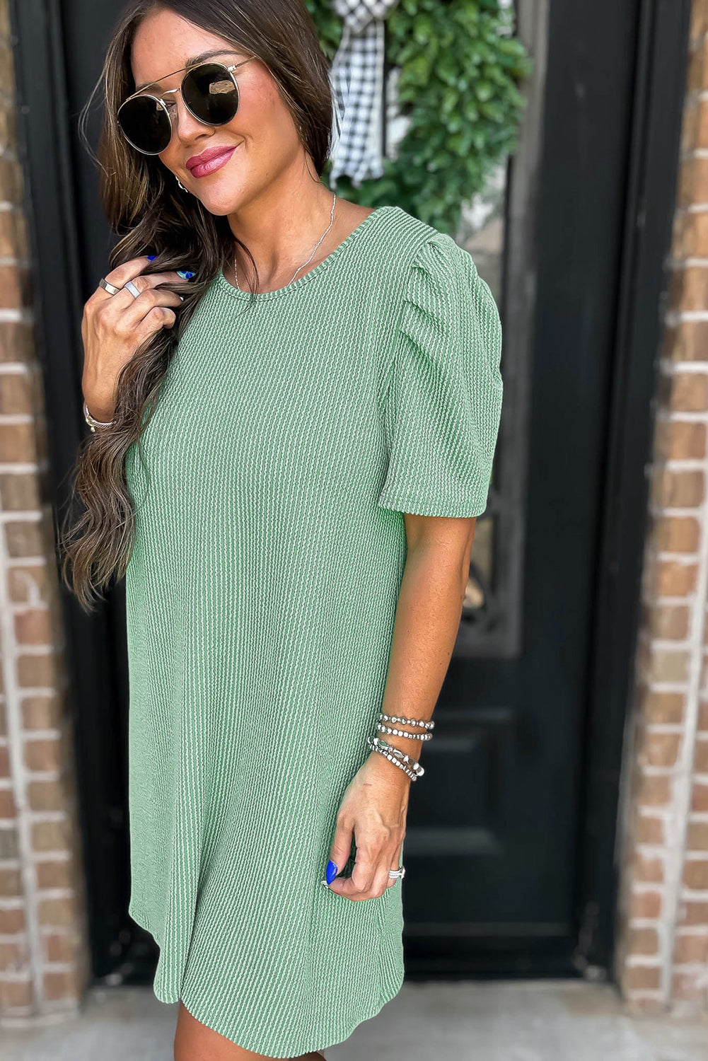 Bright Pink Corded Knit Crew Neck Puff Sleeve Shift Mini Dress