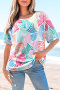 Multicolour Bowknot Printed Waffle Crewneck Loose Short Sleeve Top