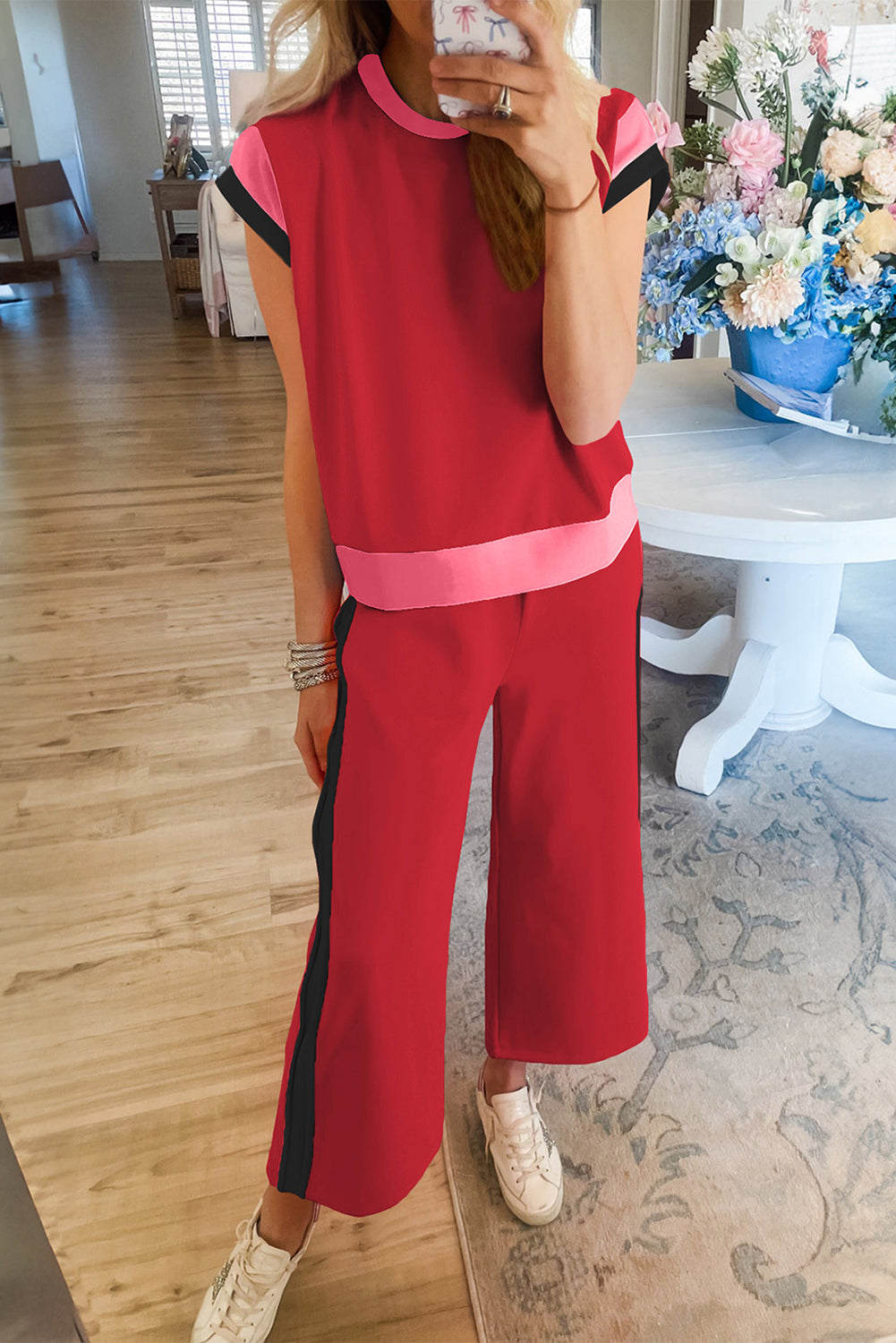 Smoke Gray Color Block Detail Casual Two-piece Set