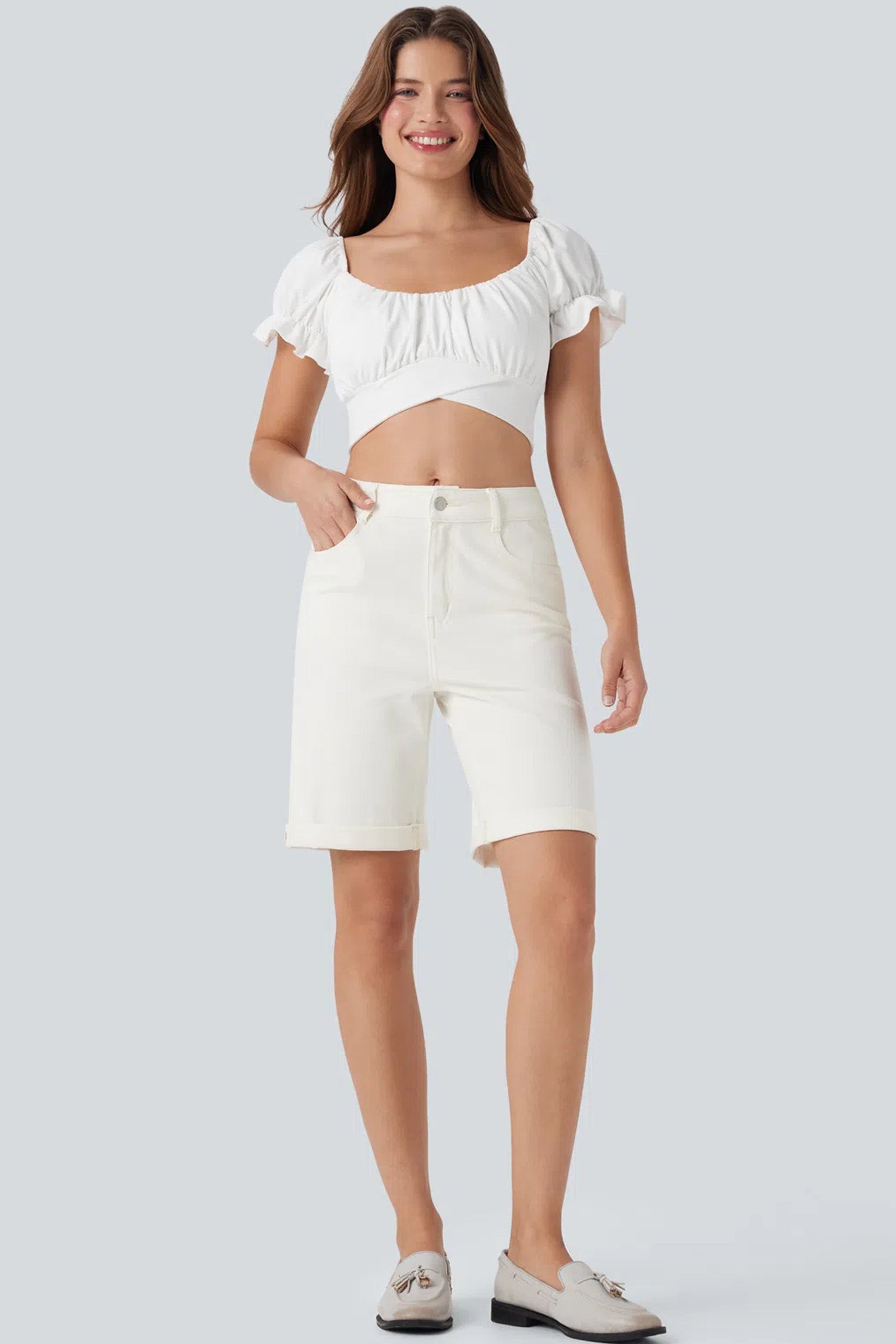 White Solid Color Rolled Cuffs Denim Bermuda Shorts