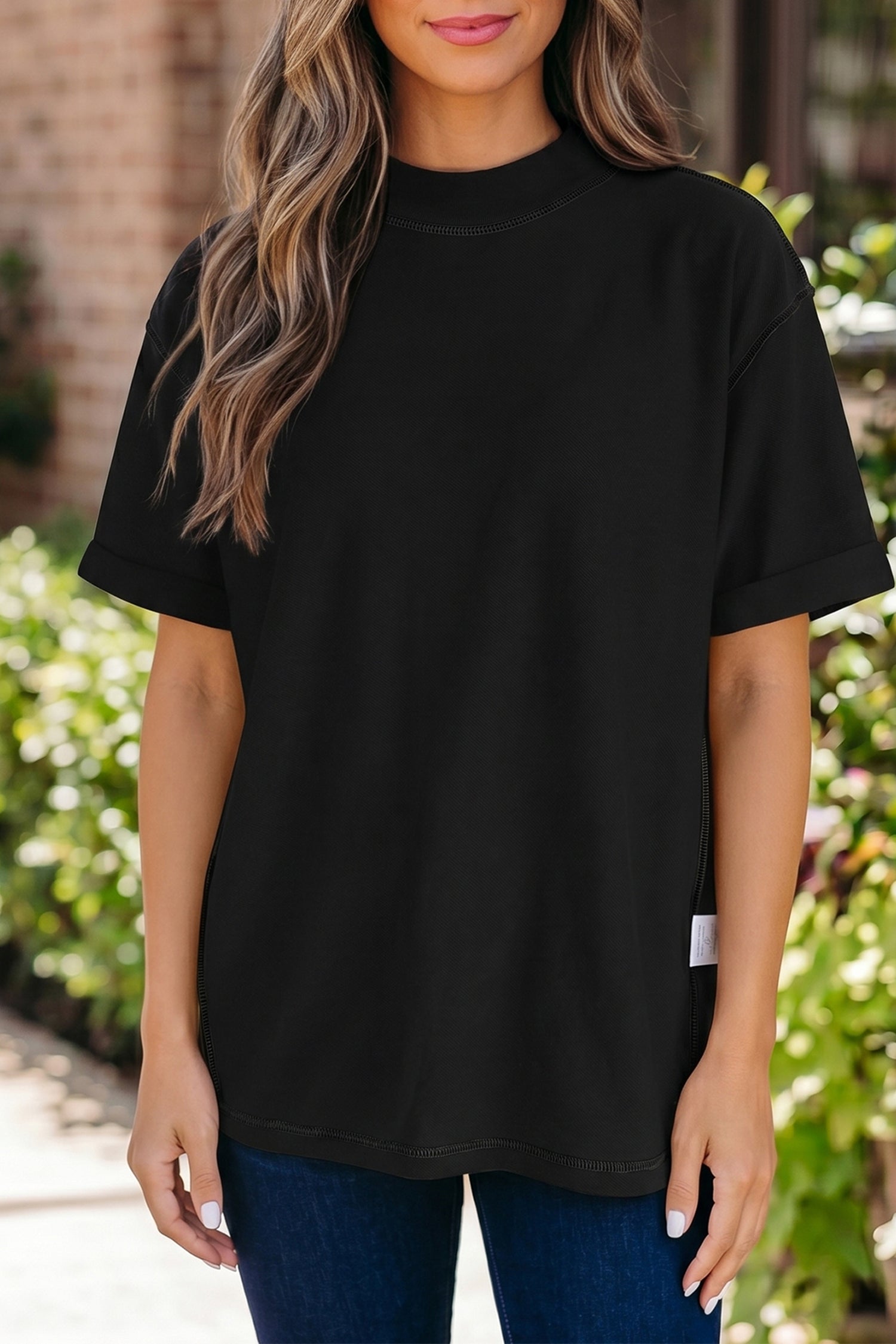 Pink Solid Color High Neck Oversize Tee