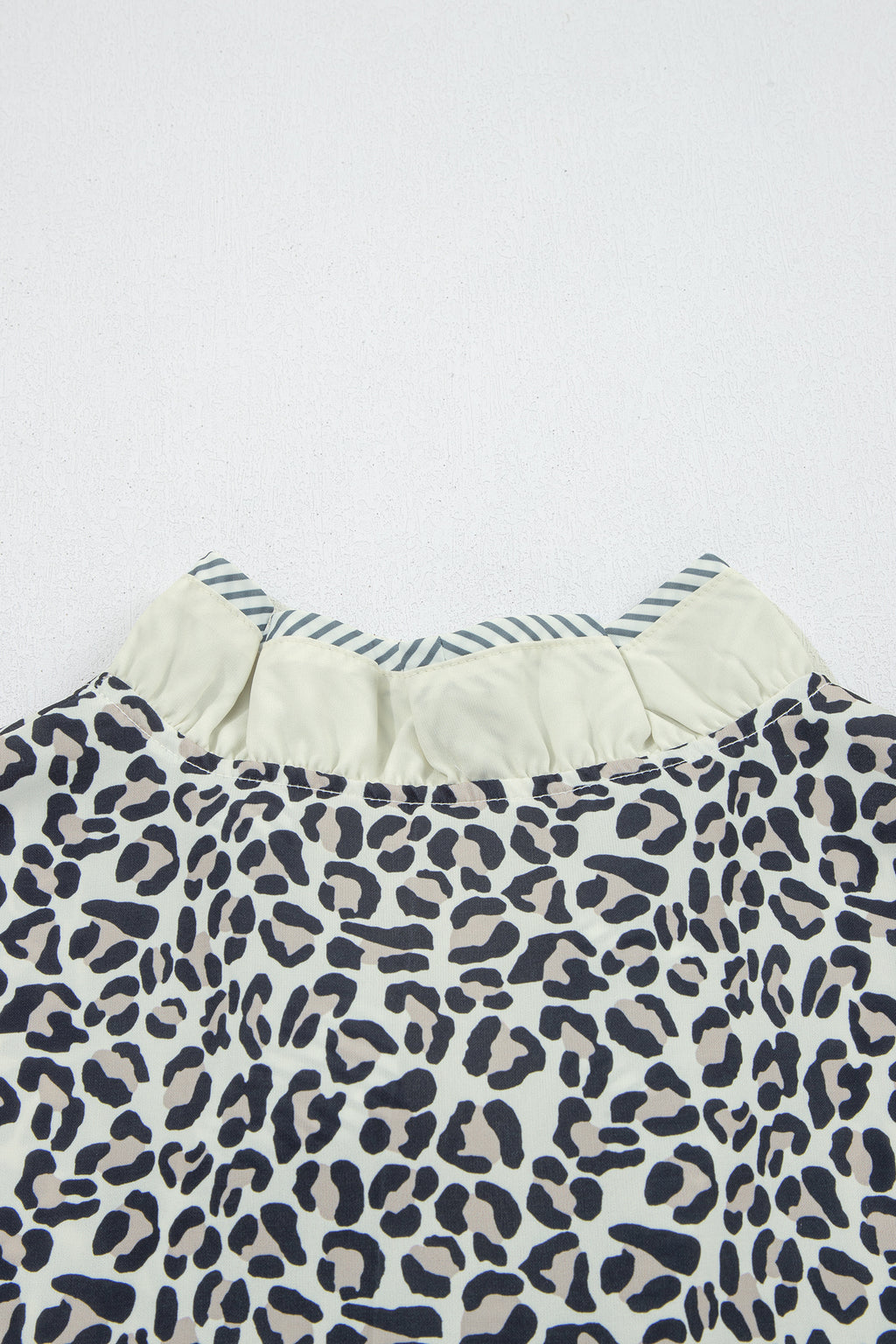 Black Plus Leopard Print Striped Color Block Trim Frilled V Neck Short Sleeve Blouse